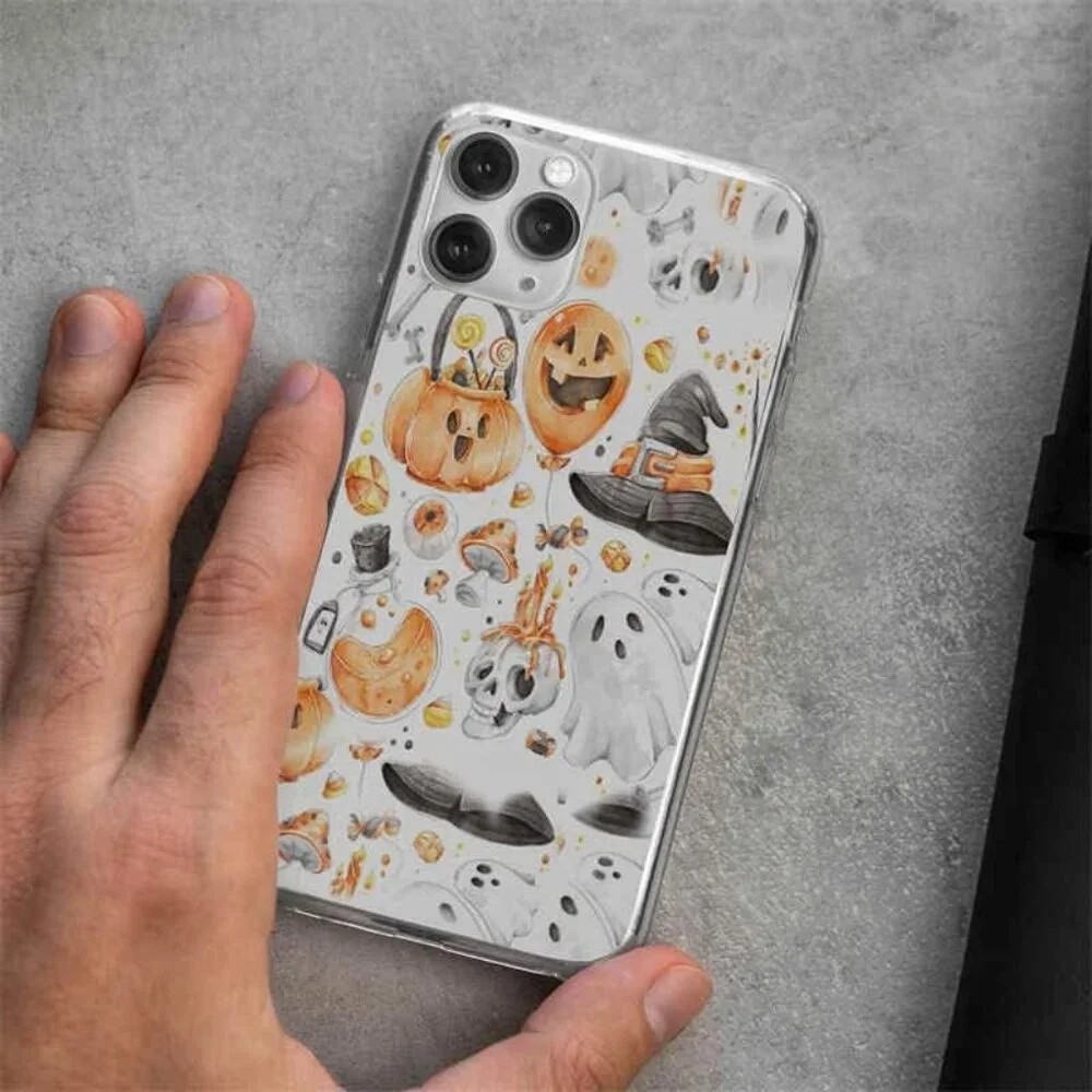 iPhone 13 Case - Retro Halloween Blurred Skull & Pumpkin Design - Clear Cover
